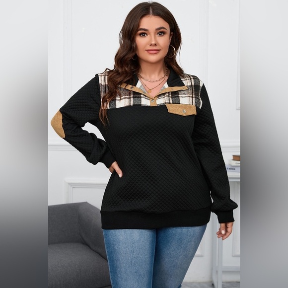 Plus Size Waffle-Knit Collared Neck Sweatshirt - Picture 1 of 5